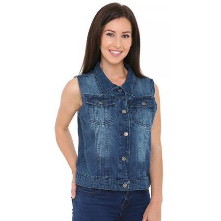 Women's Denim Chest Flap Pockets Vest Ladies Jean Sleeveless Jacket